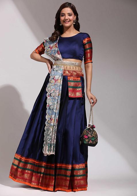 Navy Blue Zari Embroidered Woven Design Silk Lehenga Set