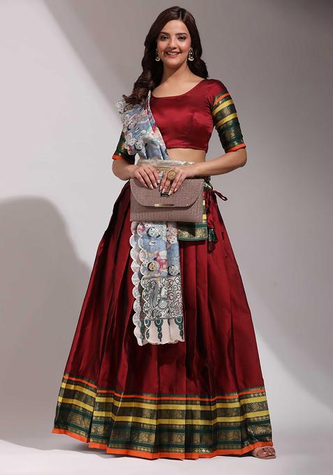 Maroon Woven Design Zari Embroidered Silk Lehenga Set