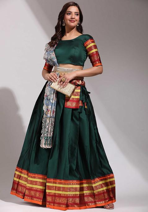 Green Woven Design Embroidered Litchi Silk Lehenga Set