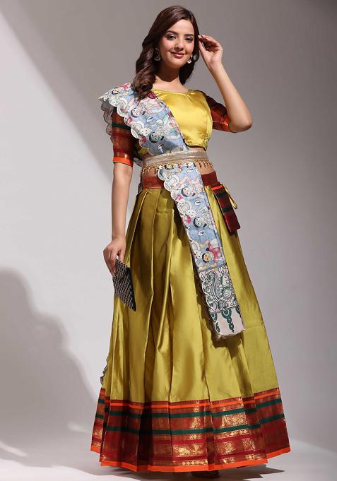 Yellow Zari Embroidered Woven Litchi Silk Lehenga Set