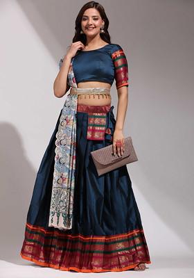 Morpich Blue Zari Embroidered Woven Design Litchi Silk Lehenga Set