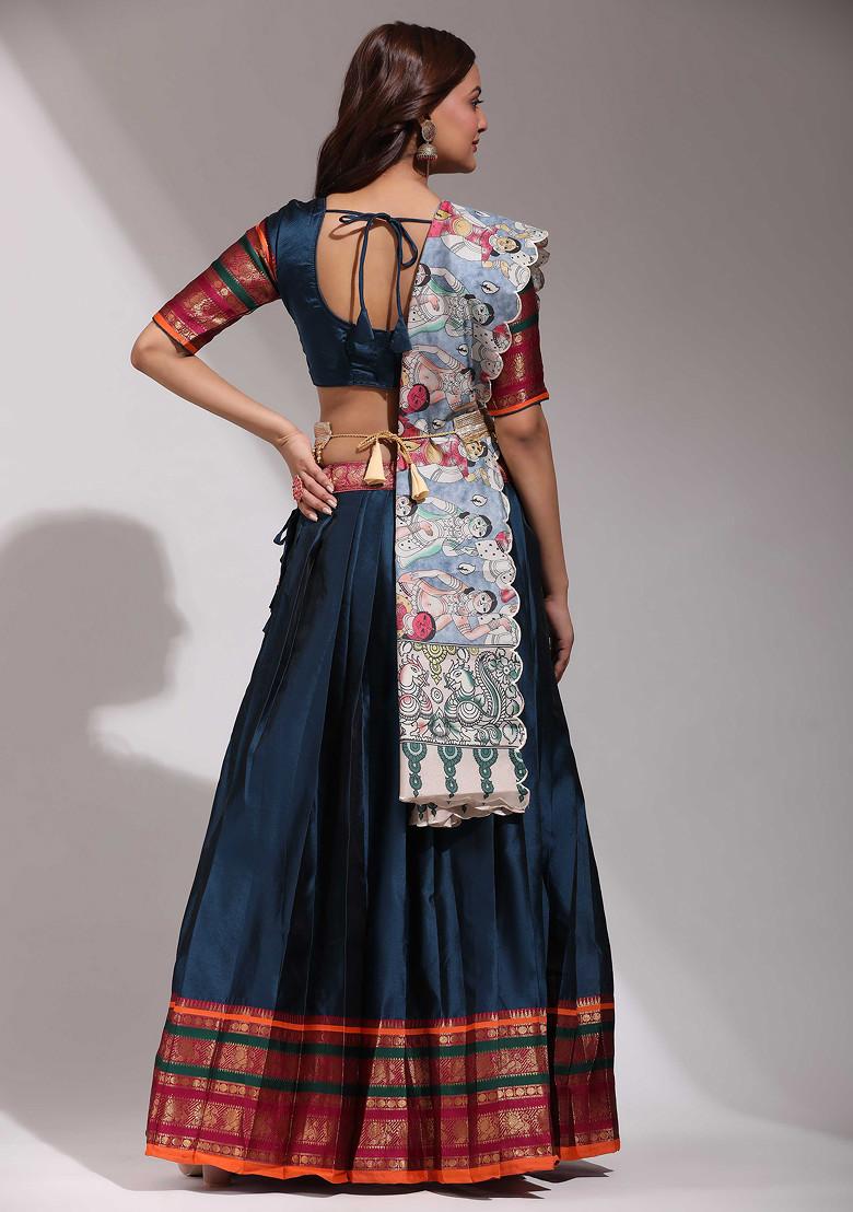Morpich Blue Zari Embroidered Woven Design Litchi Silk Lehenga Set