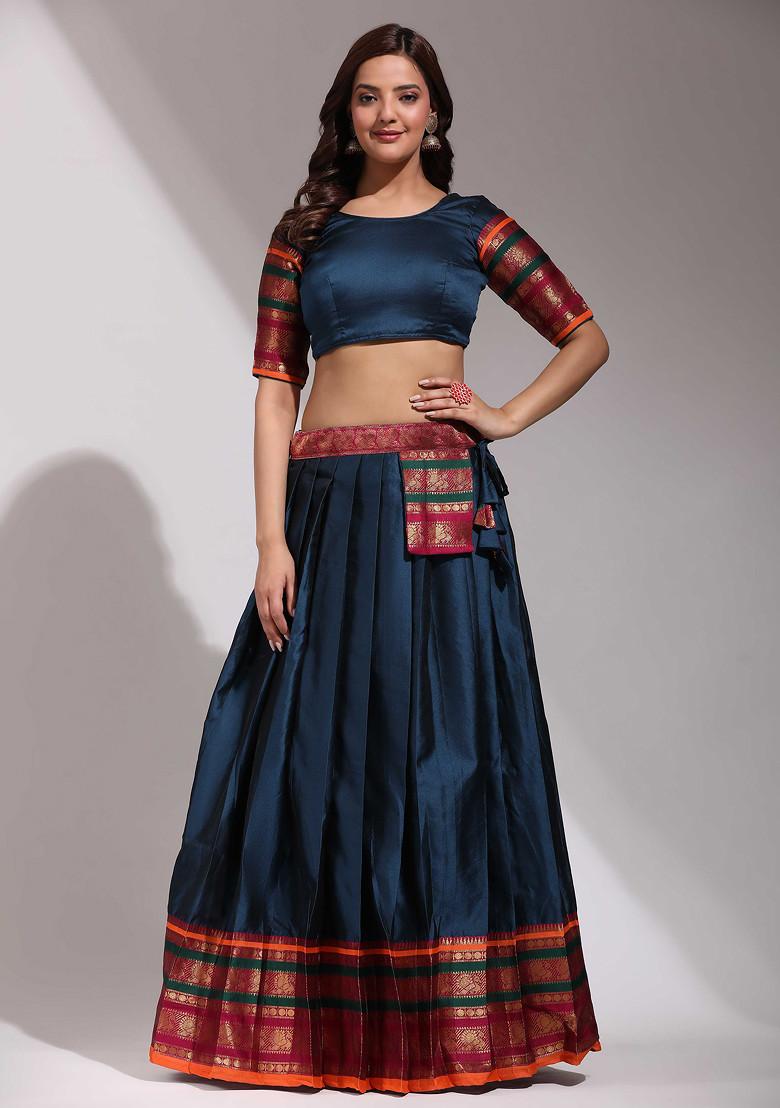 Morpich Blue Zari Embroidered Woven Design Litchi Silk Lehenga Set