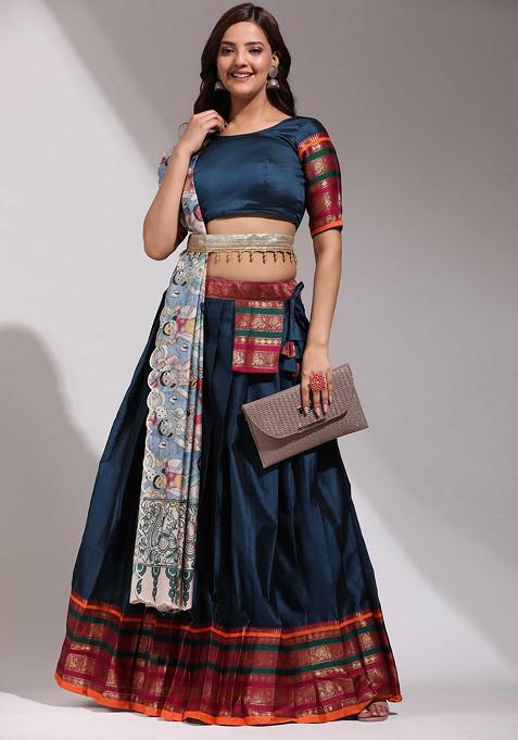 Morpich Blue Zari Embroidered Woven Design Litchi Silk Lehenga Set