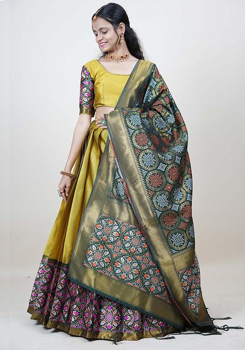 Yellow Zari Embroidered Woven Silk Lehenga Set