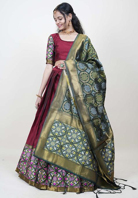 Maroon Woven Design Zari Embroidered Lehenga Set