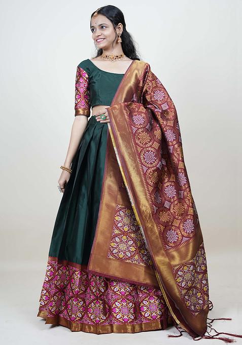 Green Woven Design Embroidered Lehenga Set