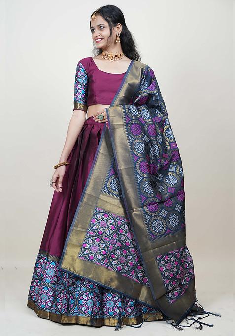 Purple Zari Woven Embroidered Litchi Silk Lehenga Set