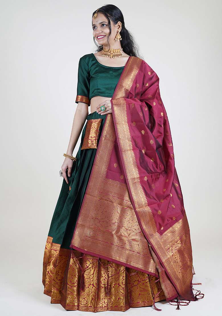 Green Zari Embroidered Woven Design Litchi Silk Blend Chaniya Choli Set For Navratri And Garba for Diwali | Wedding & Festive Wear - Indya