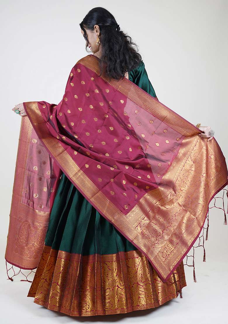 Green Zari Embroidered Woven Design Litchi Silk Blend Chaniya Choli Set For Navratri And Garba for Diwali | Wedding & Festive Wear - Indya