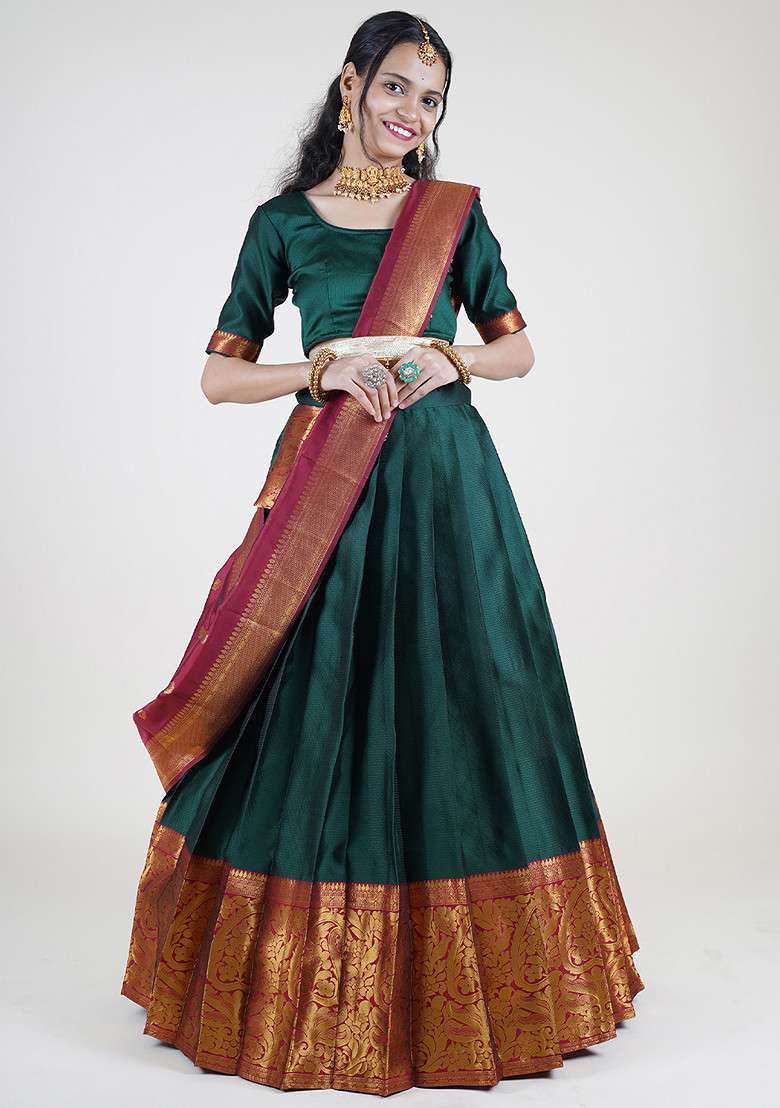 Green Zari Embroidered Woven Design Litchi Silk Blend Chaniya Choli Set For Navratri And Garba for Diwali | Wedding & Festive Wear - Indya