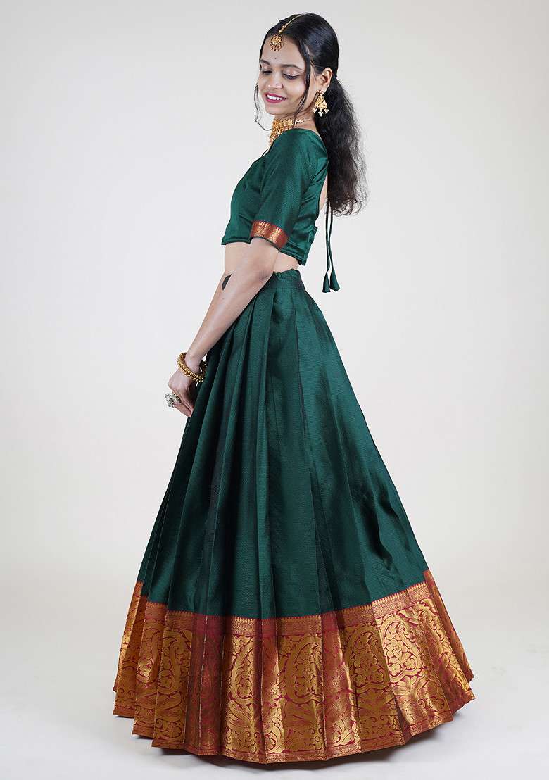 Green Zari Embroidered Woven Design Litchi Silk Blend Chaniya Choli Set For Navratri And Garba for Diwali | Wedding & Festive Wear - Indya