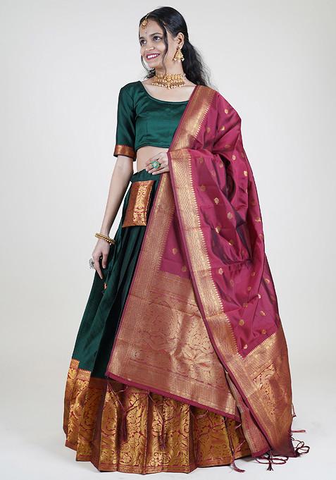 Green Zari Embroidered Woven Design Litchi Silk Lehenga Set