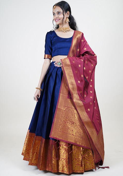 Navy Blue Zari Embroidered Woven Design Lehenga Set