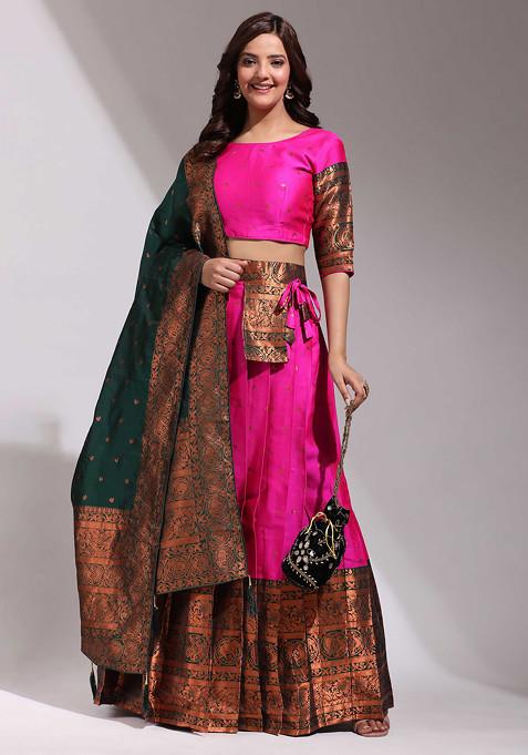 Rani Zari Embroidered Woven Design Silk Lehenga Set