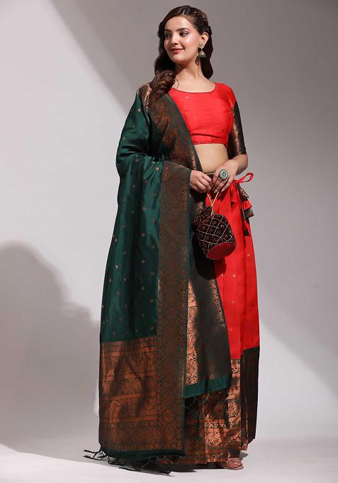 Red Woven Design Zari Embroidered Litchi Silk Lehenga Set