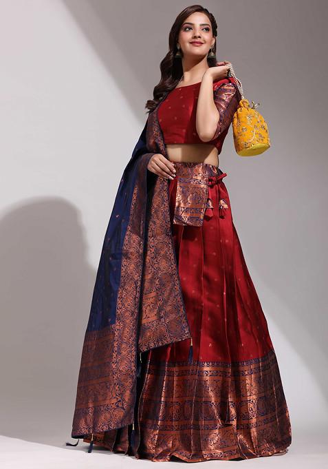 Maroon Woven Design Zari Embellished Litchi Silk Lehenga Set