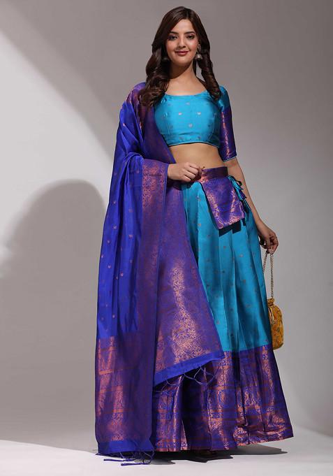 Firozi Zari Embroidered Woven Design Silk Lehenga Set