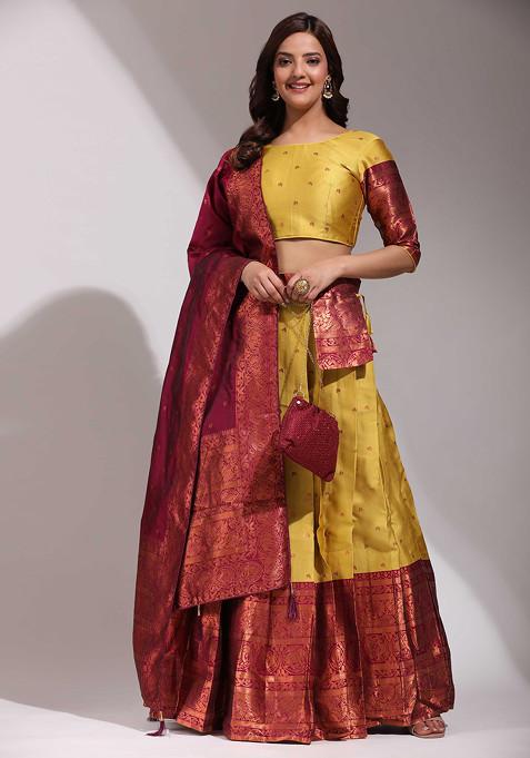 Yellow Woven Embroidered Litchi Silk Lehenga Set