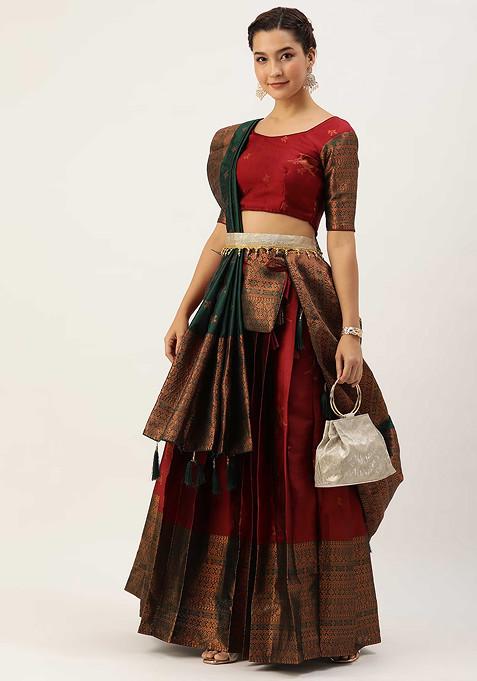 Maroon Woven Zari Embroidered Silk Lehenga Set