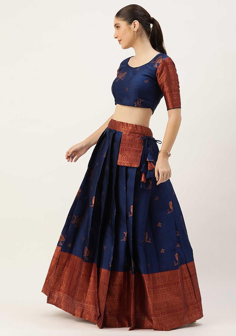 Navy Blue Woven Zari Embroidered Litchi Silk Lehenga Set - Indya