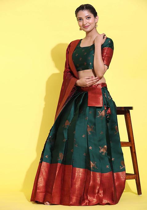 Green Woven Design Zari Embroidered Litchi Silk Lehenga Set