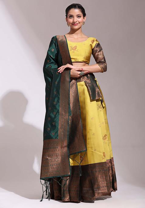 Yellow Woven Embroidered Silk Lehenga Set