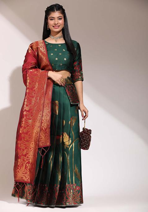 Green Woven Design Zari Embroidered Lehenga Set