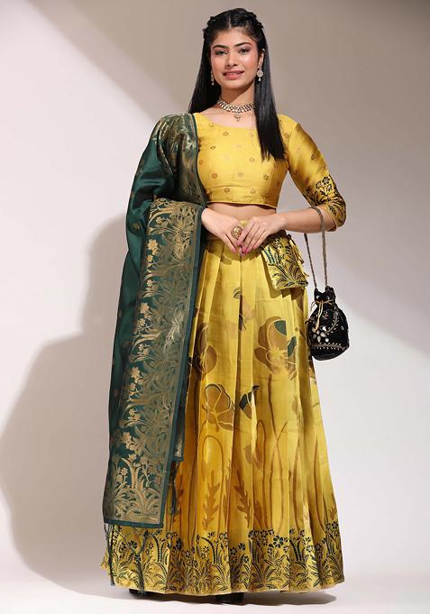 Yellow Woven Embroidered Lehenga Set