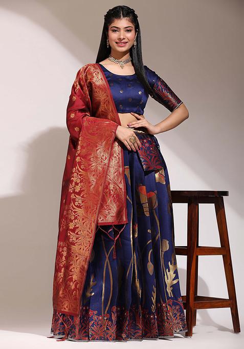 Navy Blue Woven Zari Embroidered Silk Lehenga Set