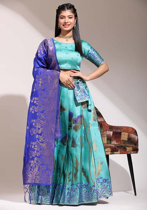 Sea Green Woven Design Embroidered Silk Lehenga Set