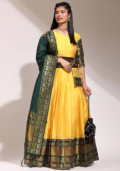 Yellow Zari Embellished Litchi Silk Lehenga Set