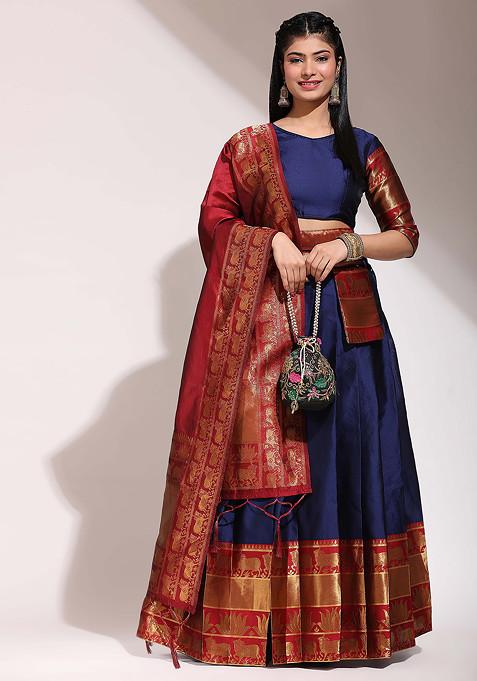 Navy Blue Woven Zari Embroidered Litchi Lehenga Set