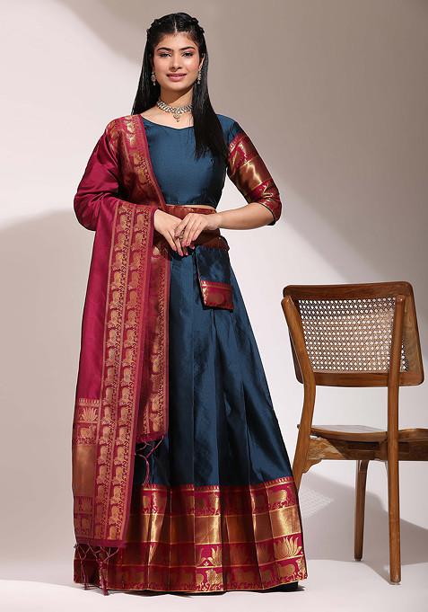 Morpich Blue Zari Embroidered Litchi Silk Lehenga Set