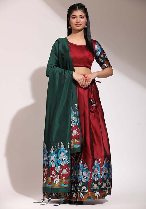 Maroon Woven Zari Embroidered Lehenga Set