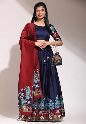 Navy Blue Zari Embroidered Silk Lehenga Set
