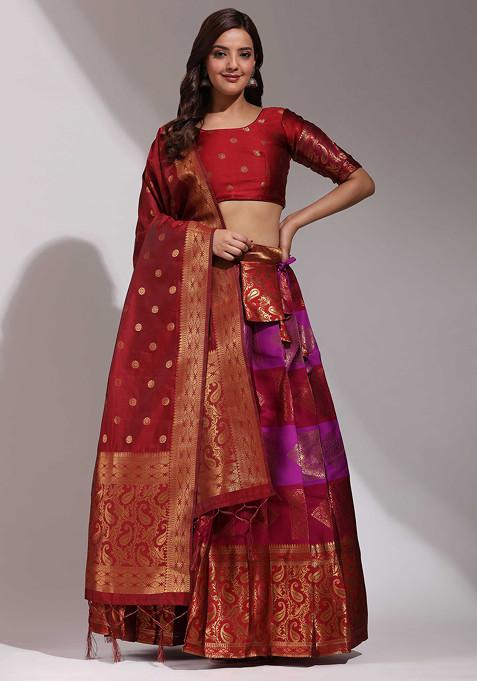 Maroon Woven Design Embellished Litchi Silk Lehenga Set