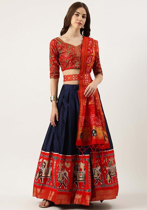 Navy Blue Zari Embroidered Litchi Silk Lehenga Set