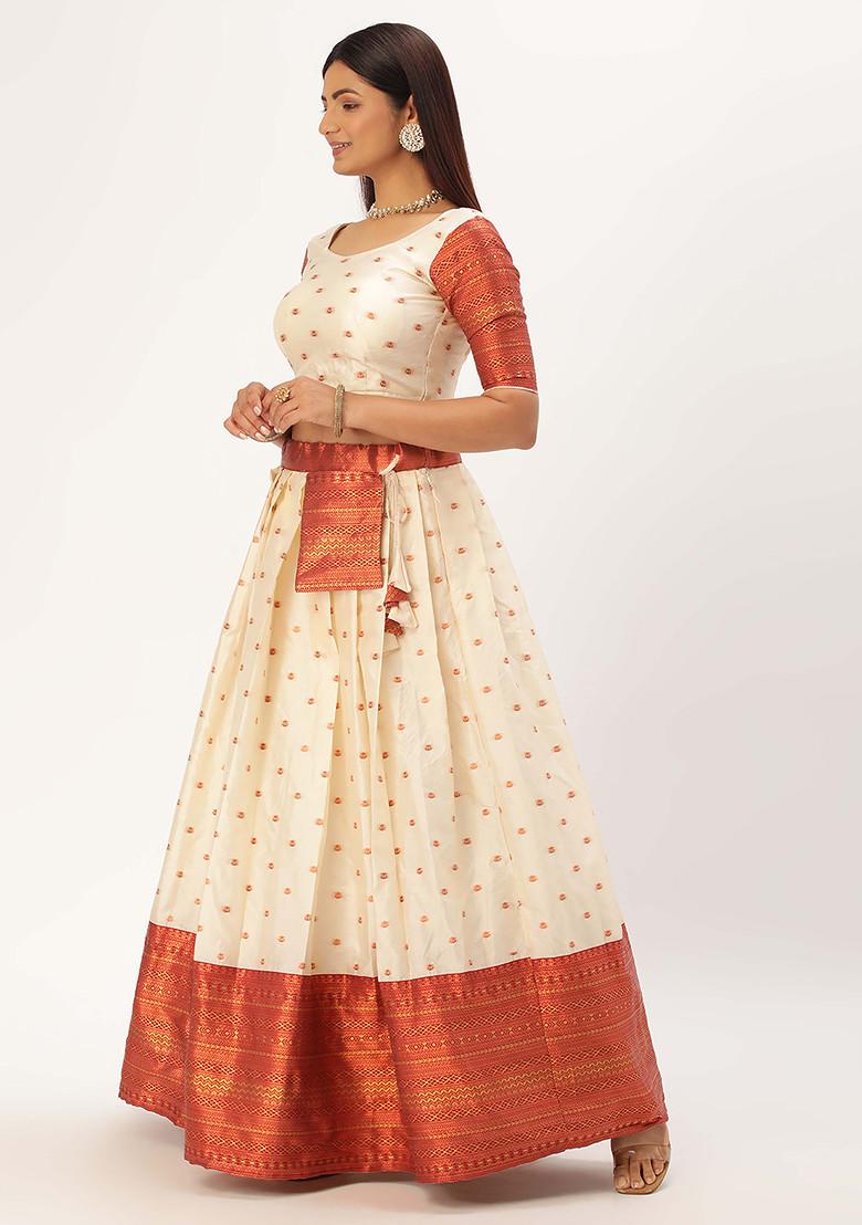 Cream Woven Design Embroidered Silk Lehenga Set - Indya