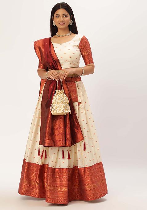 Cream Woven Design Embroidered Silk Lehenga Set