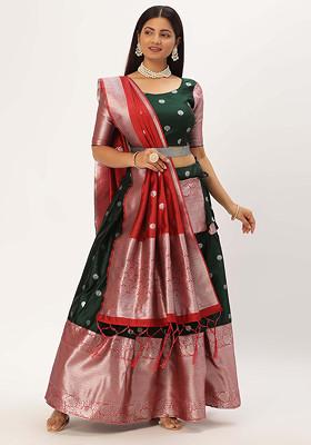 Deep Green Zari Embroidered Woven Design Litchi Silk Lehenga Set