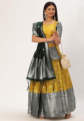 Yellow Woven Design Zari Embellished Litchi Silk Lehenga Set