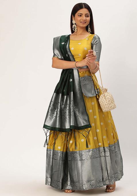 Yellow Woven Design Zari Embellished Litchi Silk Lehenga Set