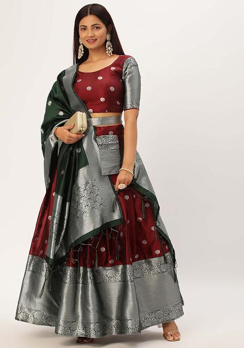 Maroon Woven Design Silk Lehenga Set