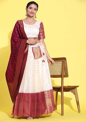 Purple Zari Embroidered Woven Design Litchi Silk Lehenga Set