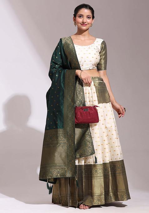 Deep Green Zari Embroidered Woven Design Silk Lehenga Set