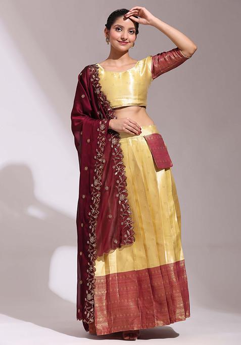 Gold Zari Embroidered Litchi Silk Lehenga Set