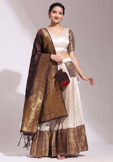 Cream Woven Design Zari Embroidered Lehenga Set