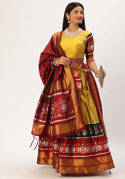 Yellow Woven Design Zari Embellished Silk Lehenga Set