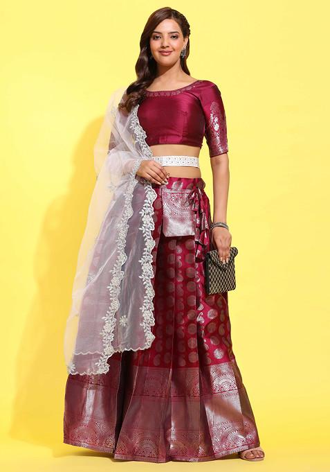 Purple Zari Embroidered Woven Design Lehenga Set